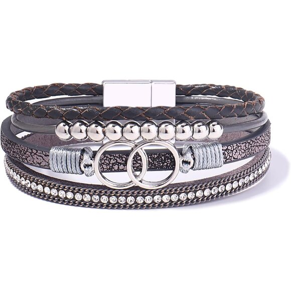 Leather Cuff Bangle Beaded Stackable Infinity Jewelry Gift for Women - Picture 1 of 6